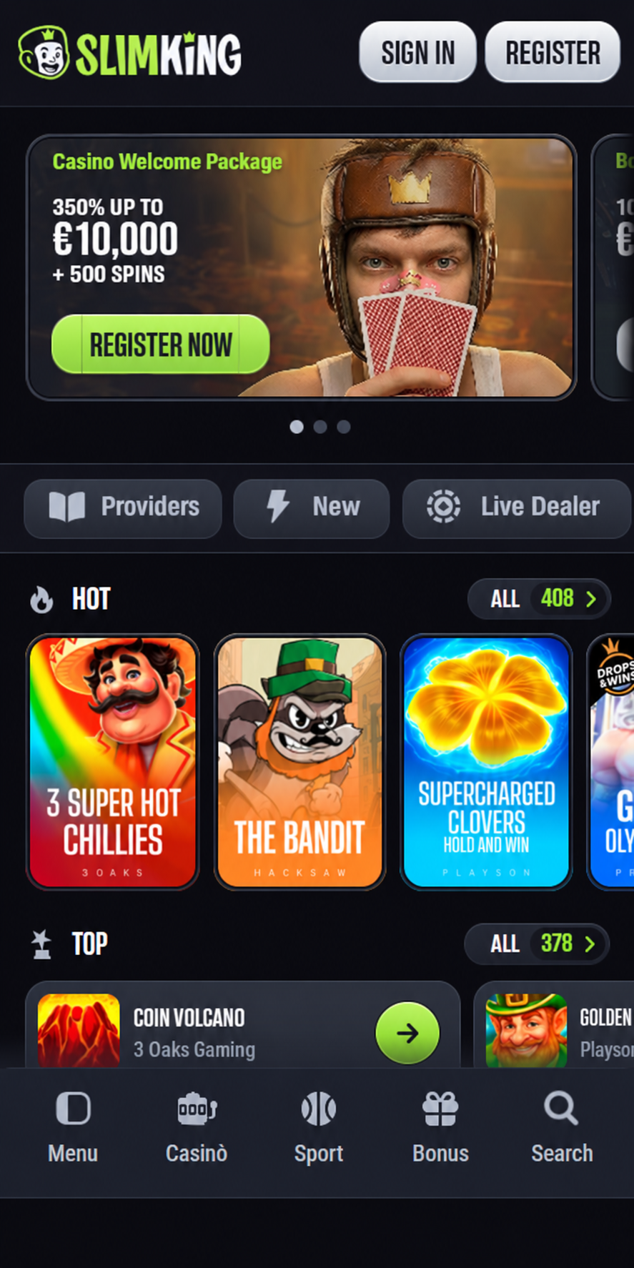 SlimKing casino app interface showing live dealer games on smartphone