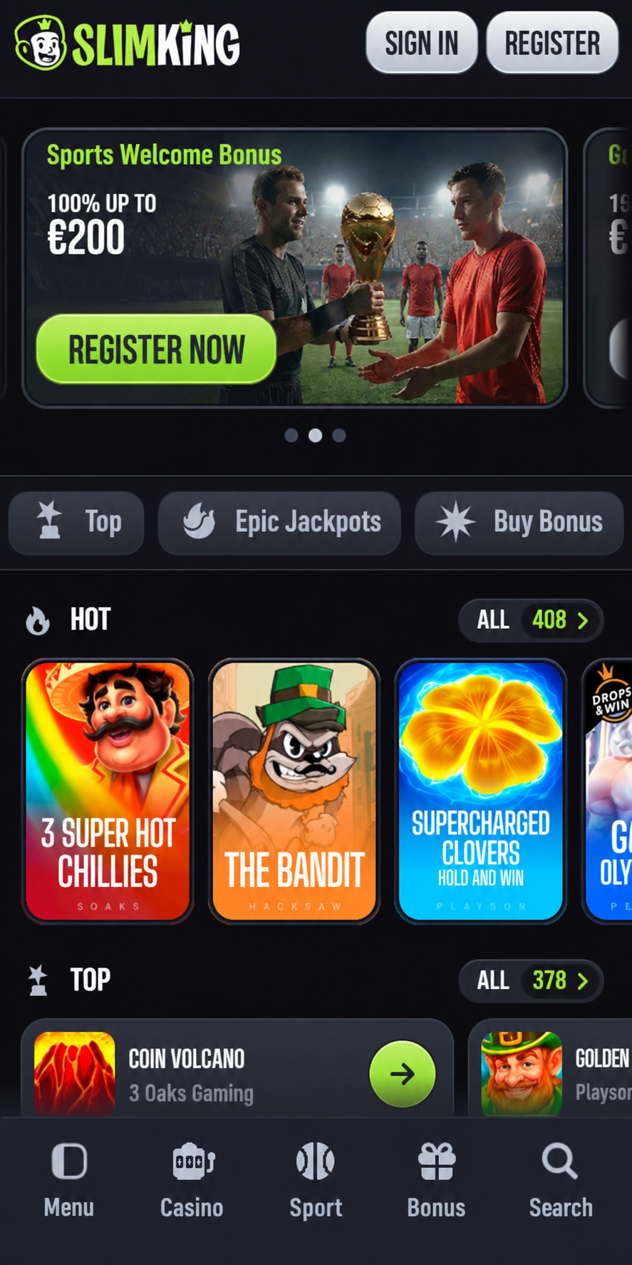 SlimKing mobile casino application main menu with game category tabs